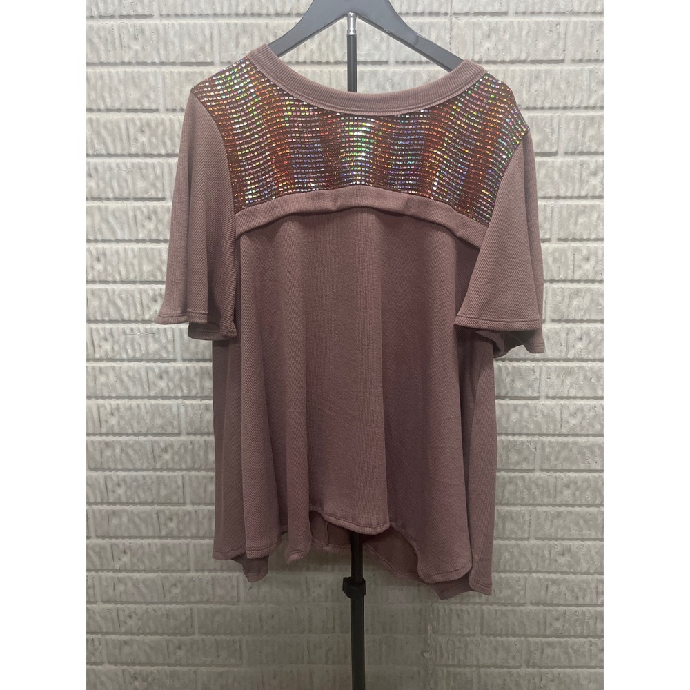 Ces Femme Mauve Waffle Knit Sequin Yoke Flutter Sleeve Top XL TT3584SB